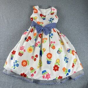 Vintage Bonnie Jean Size 7 Fit & Flare White Floral  Sleeveless Dress Bow USA
